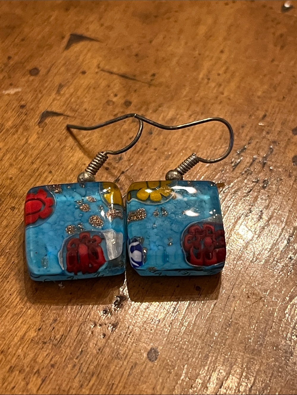 Vintage Italian Fused Glass Dangle Earrings - Murano Style Blue Square